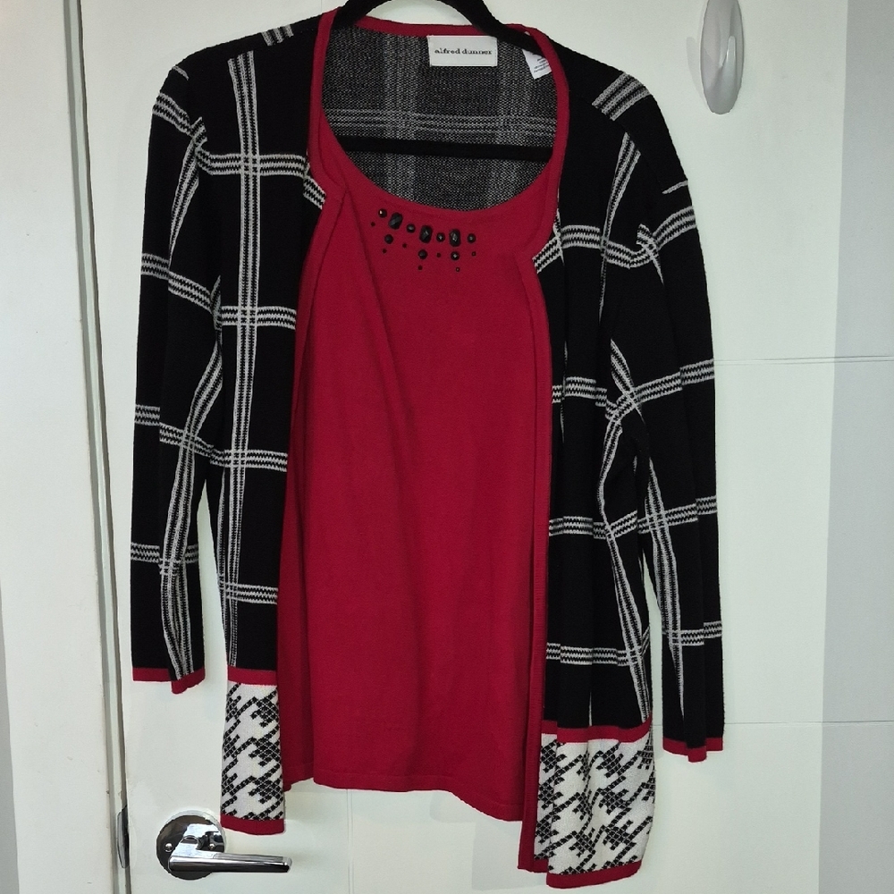 Alfred Dunner Red Tank with Black & White Plaid Cardigan